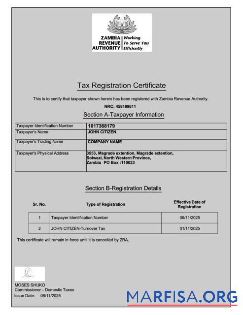 Downloadable Zambia tax registration certificate Word and PDF template